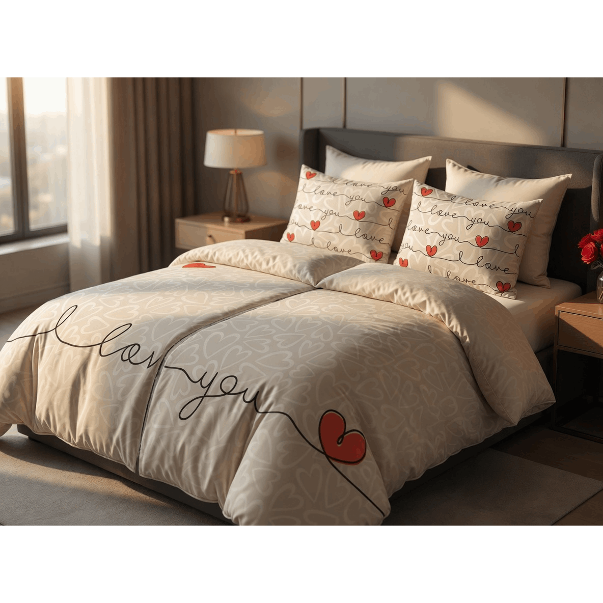 E-shop 4-teilige Partnerbettwäsche mit Herz Design – Bettwäsche Set 135x200 cm + 80x80 cm – Mit verdecktem Reißverschluss