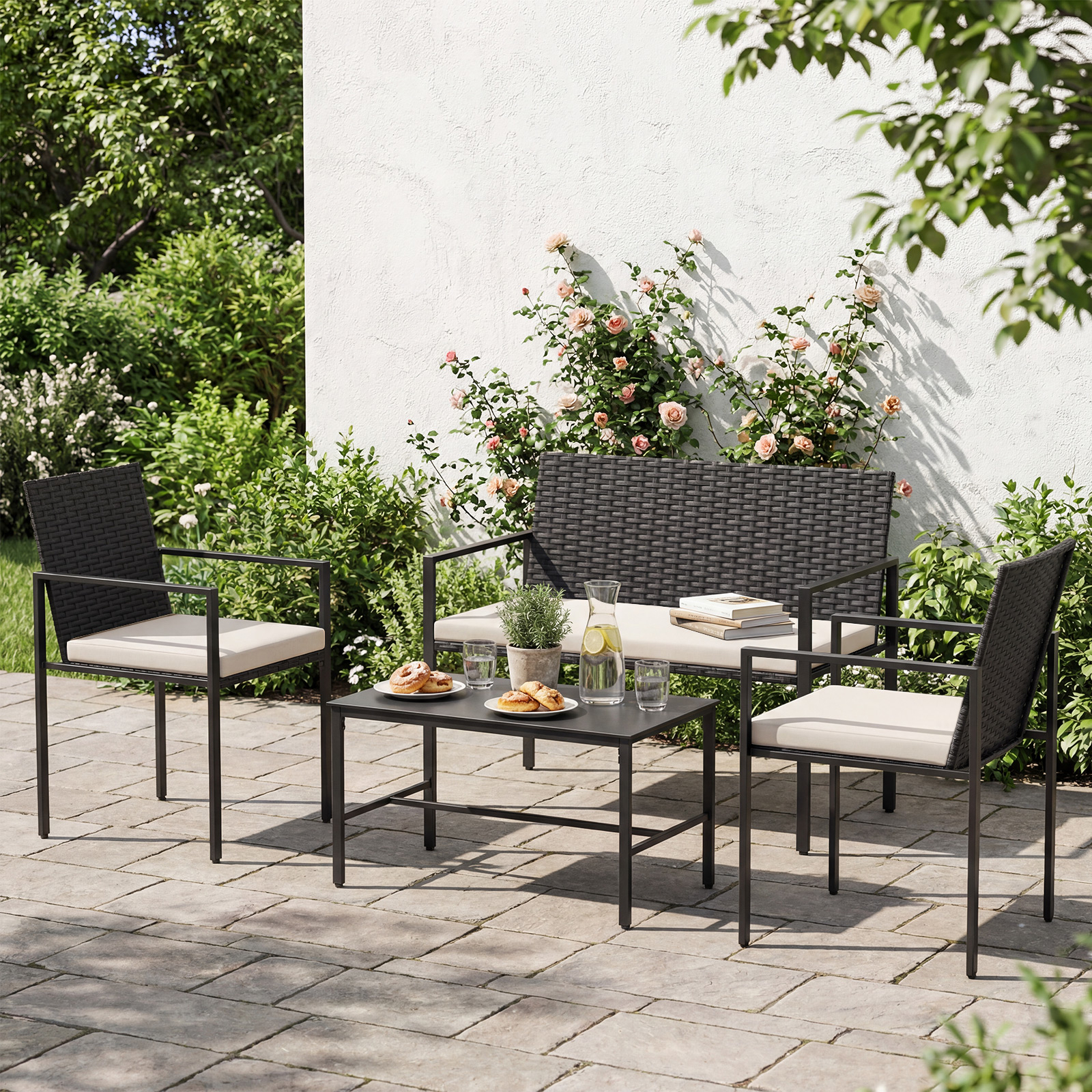 4pcs Patio Furniture Set, Outdoor & Loveseat With Tempered Glass Coffee Table, Soft Seat Cushions, Wicker Conversation Sofa Set For Backyard, Garden, Porch, Balcony