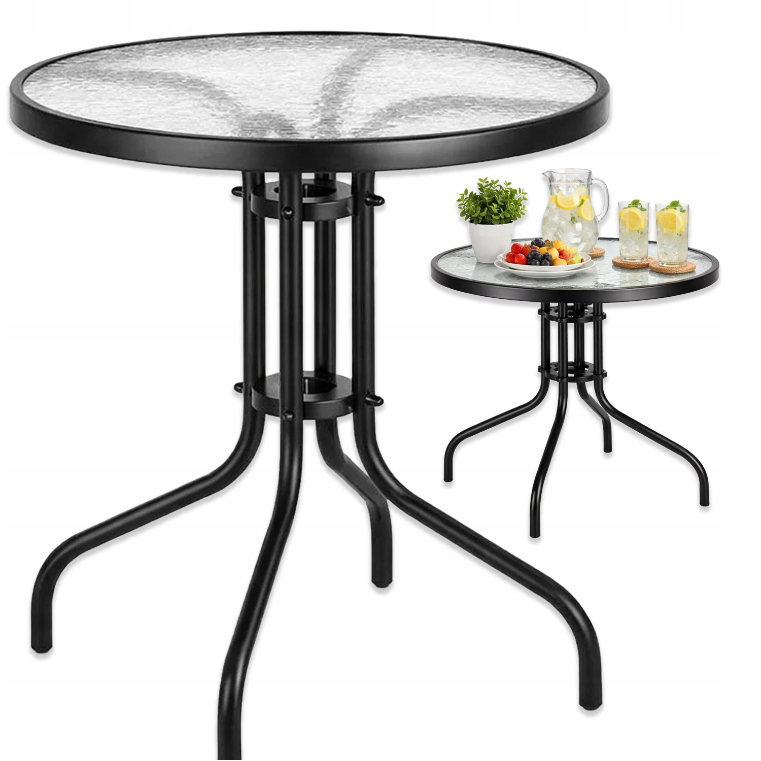 Bergamo 60cm Round Garden Table, Glass And Metal Coffee Table For Terrace, Balcony, Garden, Black With Tempered Glass, Modern Table With Metal Frame For , Fi60, Weather-resistant