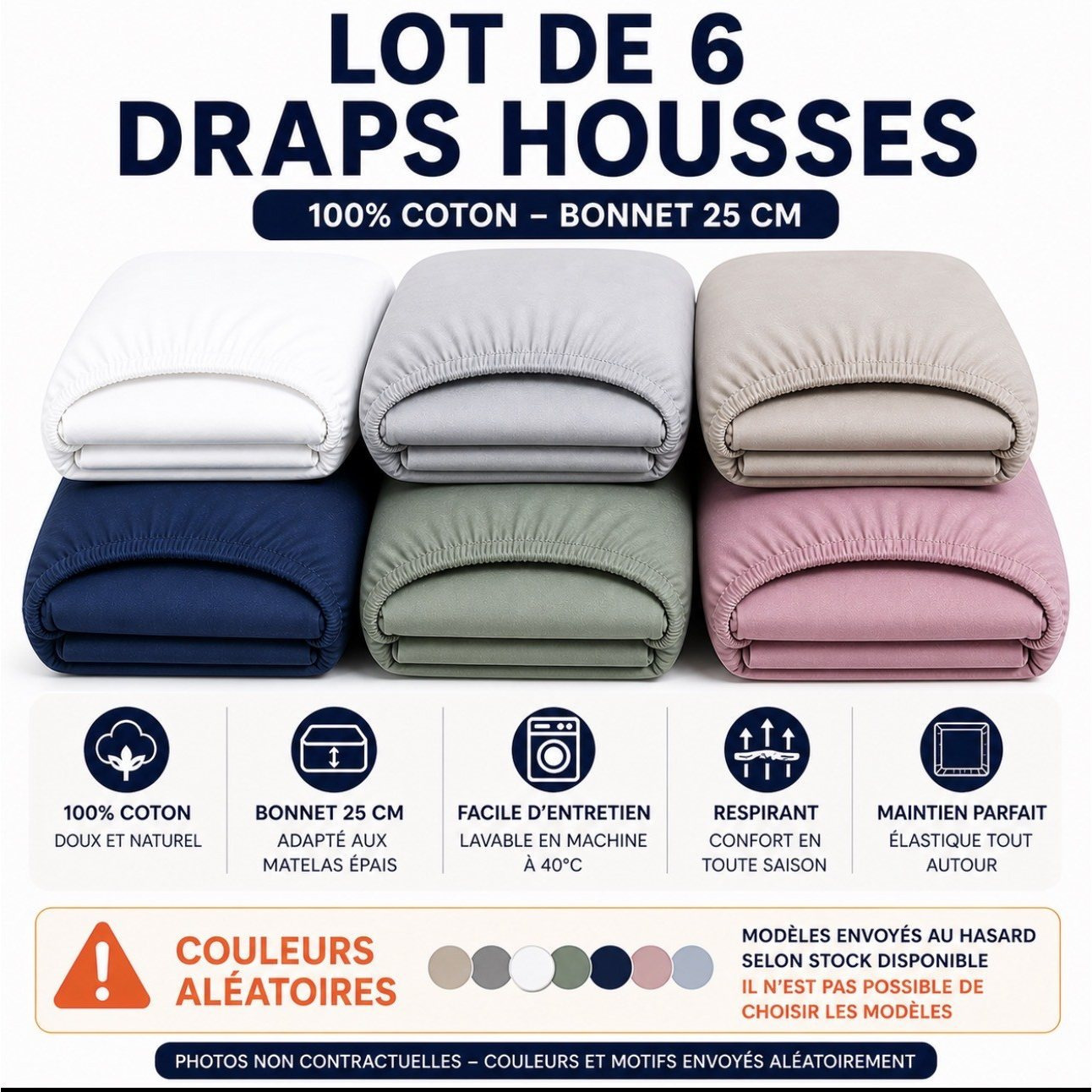 TEMU Lot de 6 Draps Housses 100% Coton 57-Fils Bonnet 23-25cm Couleurs aléatoires ( Modèle envoyés )