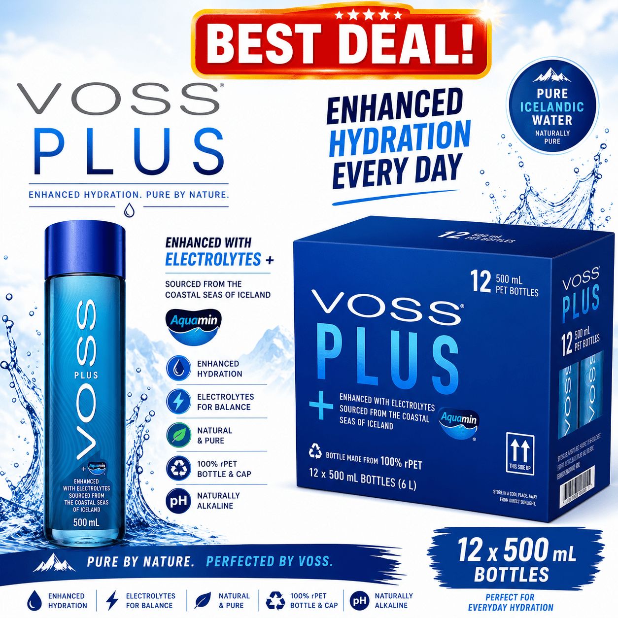 TEMU Voss Water, Voss Uk Plus, Artesian Still Water With Aquamin, Minerals And Electrolytes, Bulk Pack Of 12 X 500 Ml