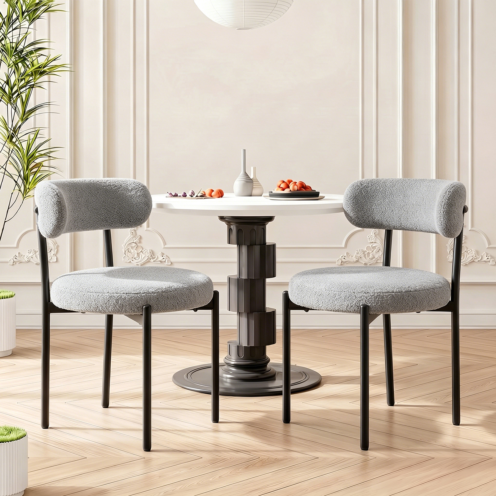 Dining Chairs 2-piece Set With Backrests, Kitchen Chairs With Black Metal Frame, Upholstered Chairs In Modern Retro Design, Teddy Fleece Chairs For Kitchen, Dining Room, Beige/gray