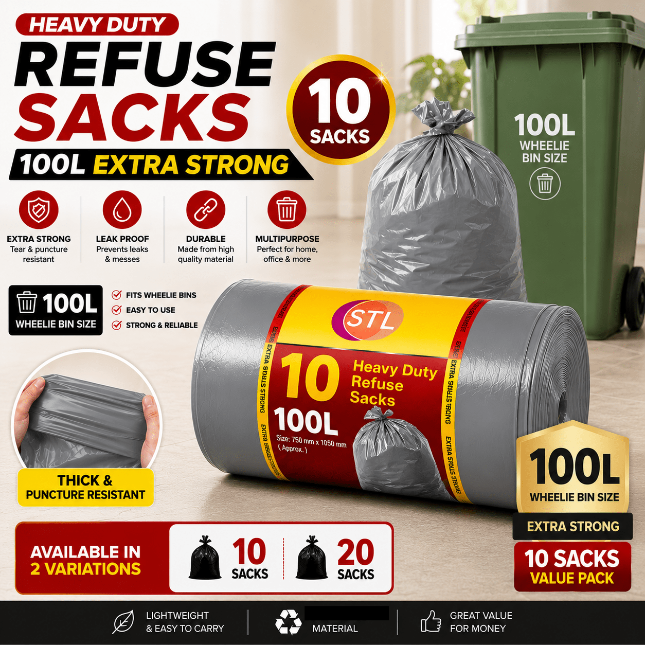 extra strong heavy duty black bin liners rubbish bags waste   garbage sacks details 10