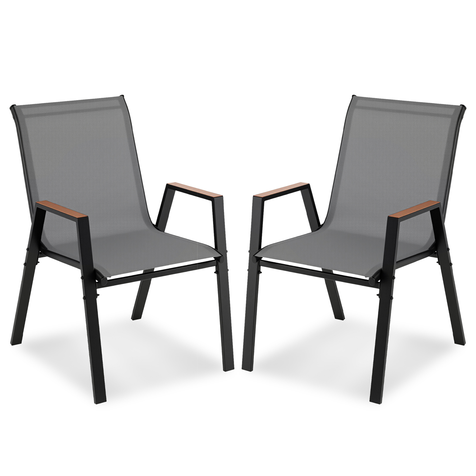   stackable patio chairs set of 2 outdoor breathable fabric dining chairs with high backs and wood plastic armrests for backyard poolside deck and garden 180kg weight capacity