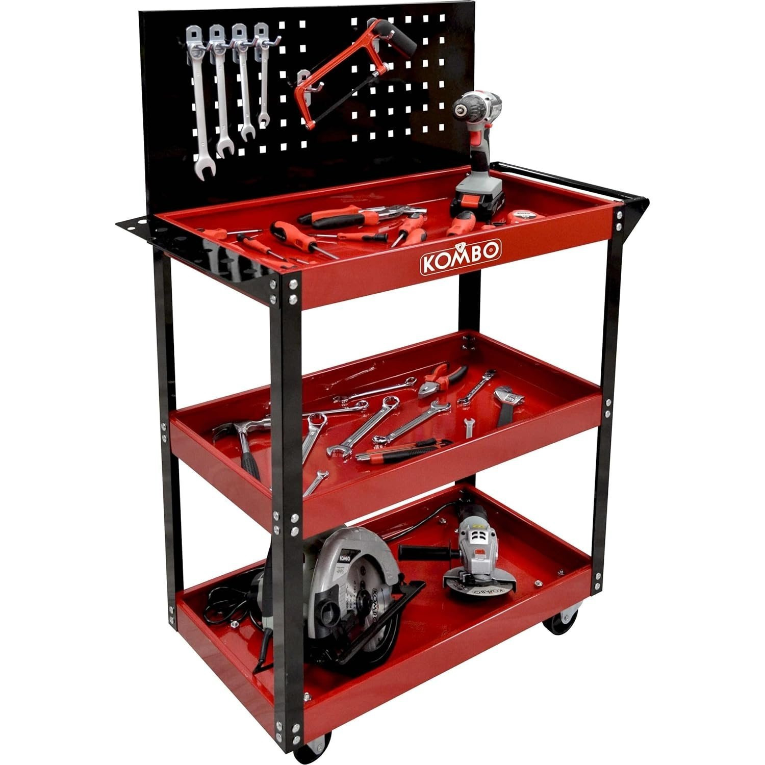 Tool Cart 3-tier Workshop In Painted Steel, 81x35x80/110 Cm, Load Capacity 150 Kg, With Handle, Screwdriver Holder And 3" Wheels – Red/black