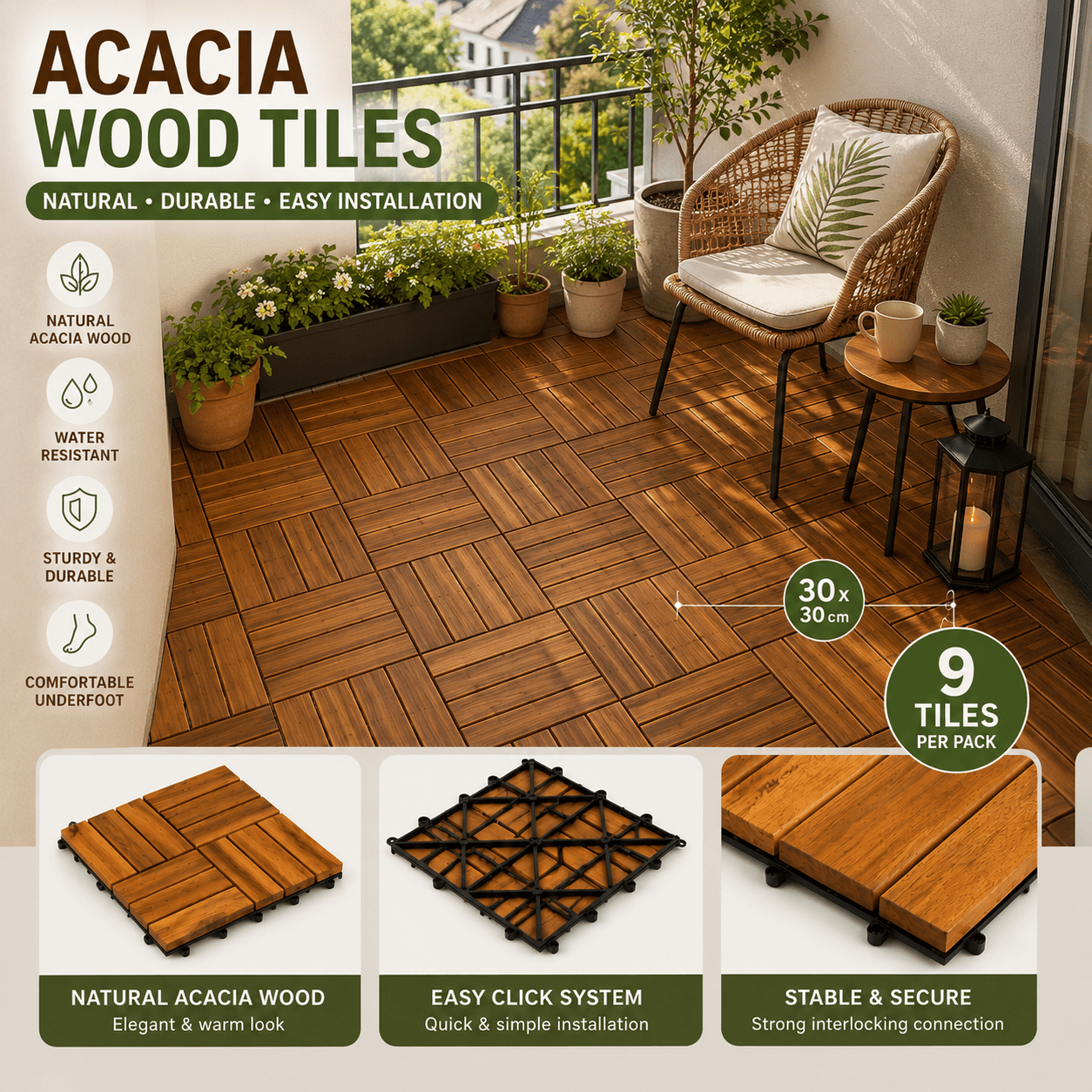 Set Of 9 Interlocking Acacia Tiles 30 X 30 Cm – Flooring For Balcony, Terrace, Bathroom