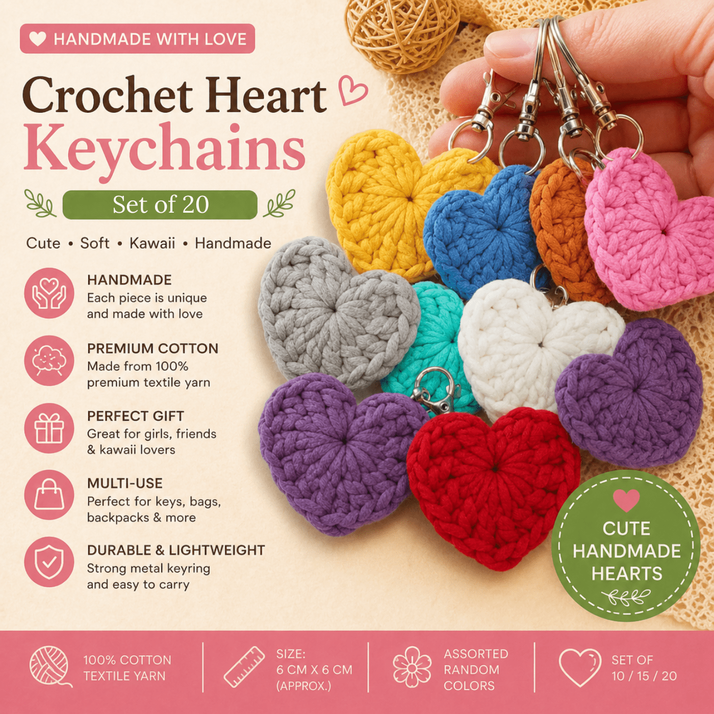 Handmade Crochet Heart Keychains Set Of 10/15/20 – Assorted Random Colors, Cute Soft Cotton Heart Charms For Keys, Bags & Gifts