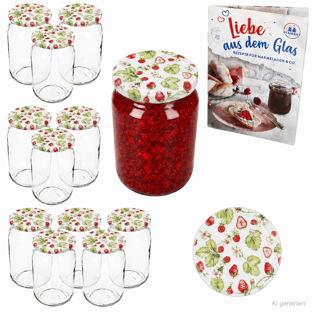 Image of 12-piece Set Of 720ml Canning Jars Strawberry To 82 Lids + Recipe Booklet