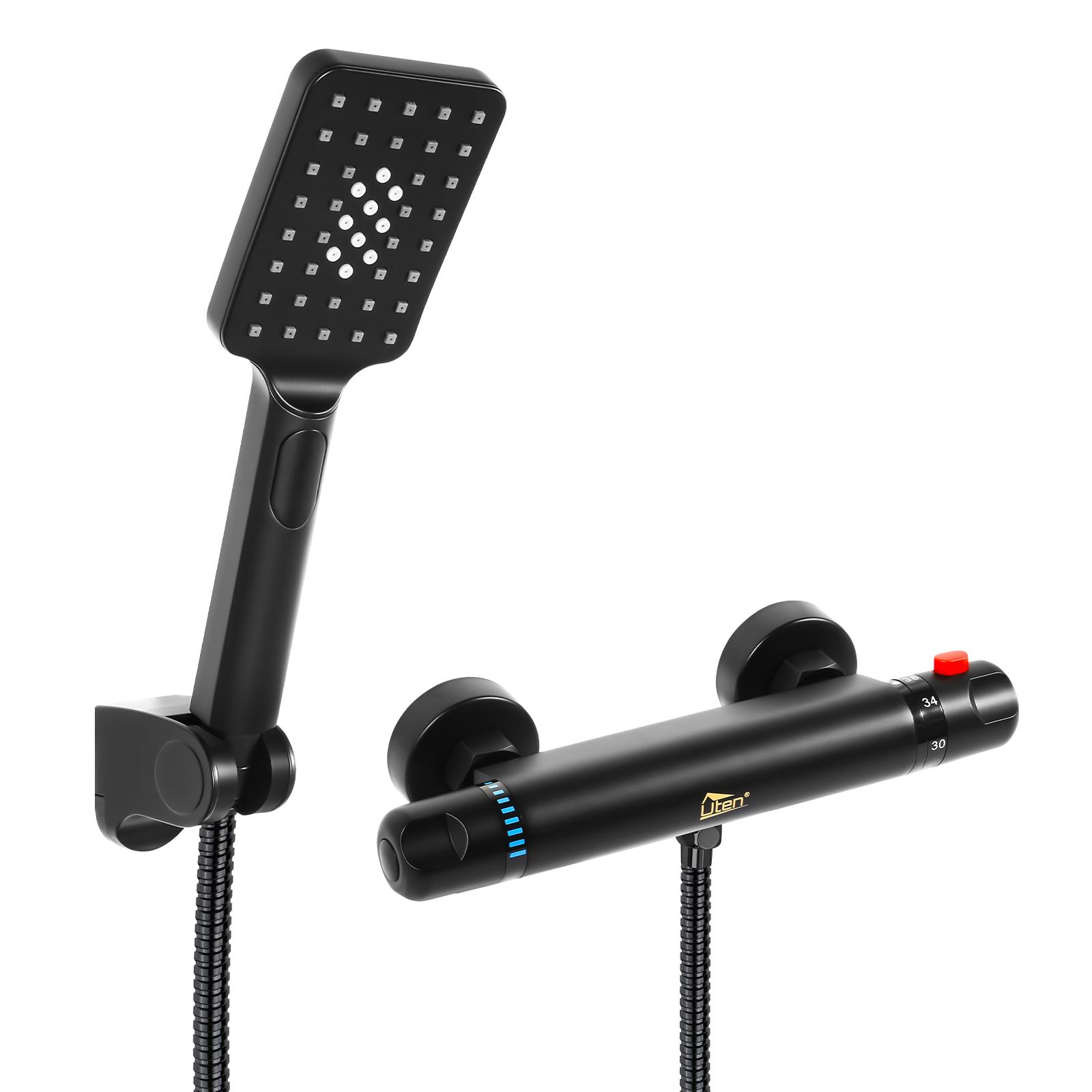 Shower Set With Single Function And Bottom Water Outlet, Square Shower Head, 3 Spray Types, Durable (black)