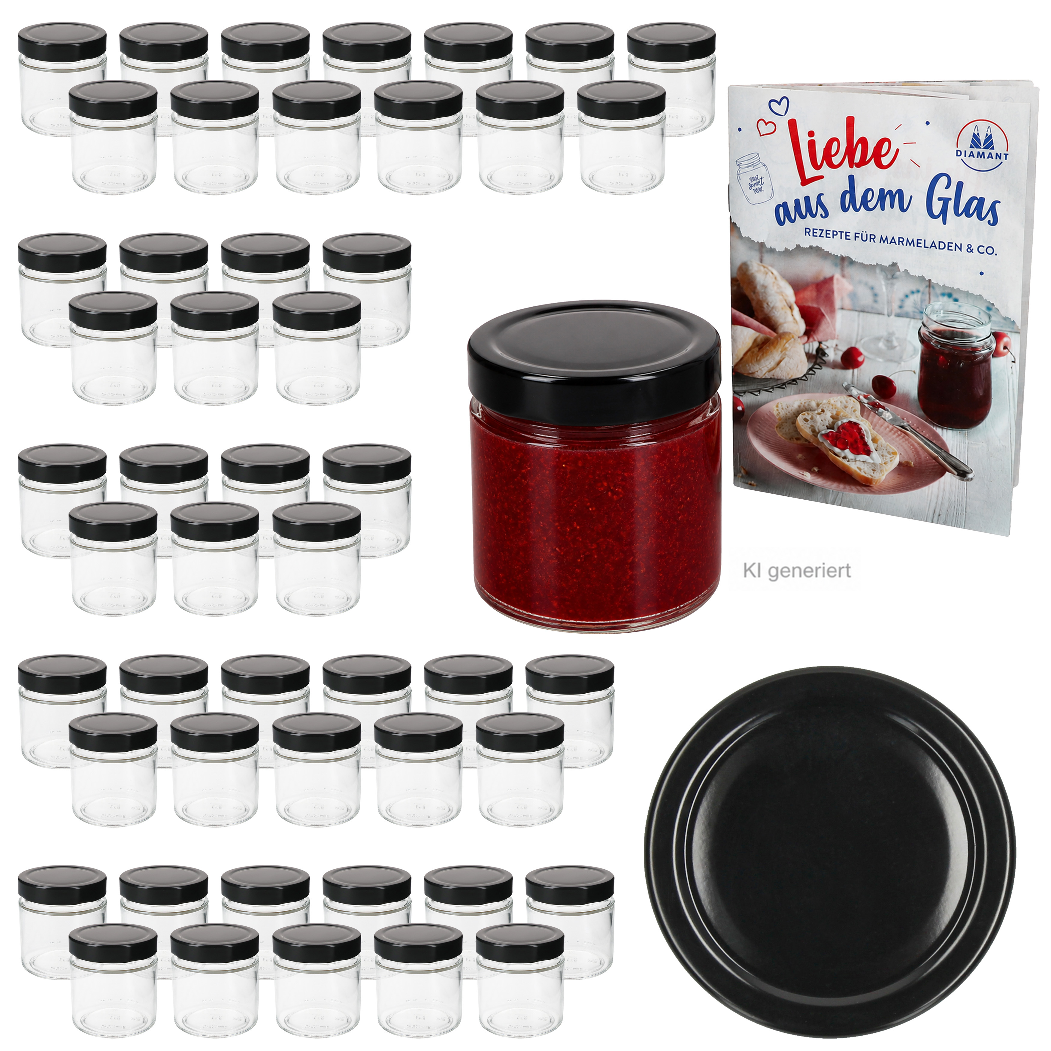 50-piece Set Jam Jars 212ml With Deep Lid Black & Clip High Rim Glass