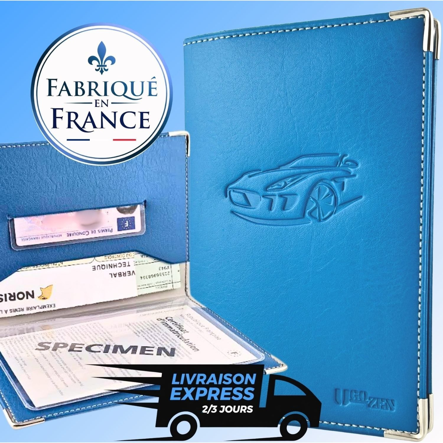 TEMU Pochette carte grise simili cuir, BLEU P, modèle LUXEO, étui de carte grise transparent