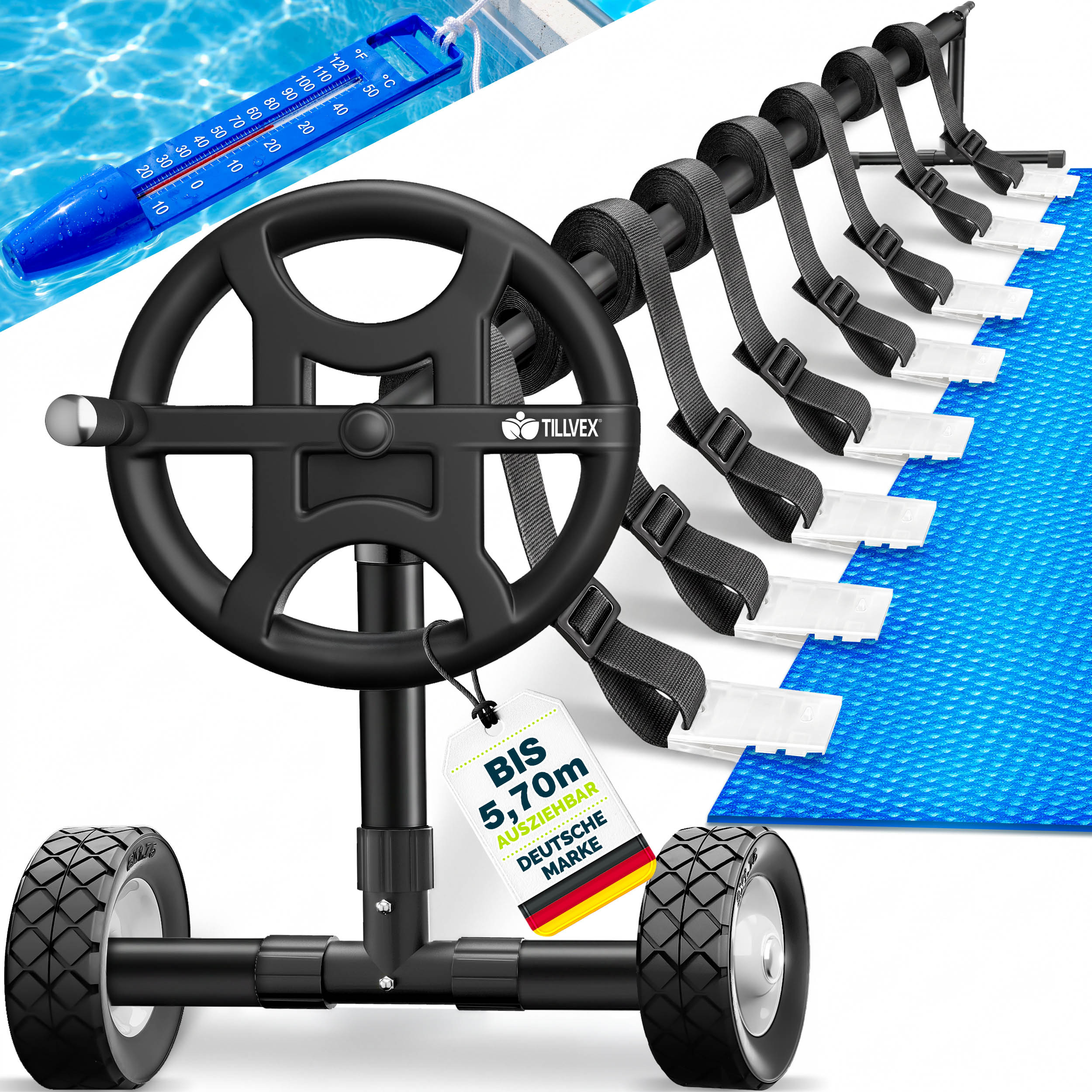 Tillvex Premium Pool Roller 3-5.70 M With Solid Rubber Tires, Includes Thermometer & Straps | Roll- For | Roll-up Device For Pool Covers & Tarps | Weather-resistant Material