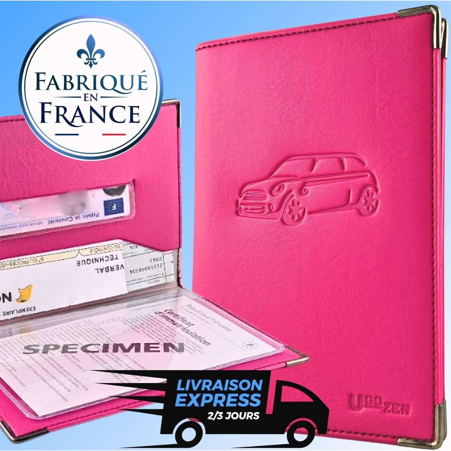 TEMU Pochette carte grise simili cuir, ROSE, modèle LUXEO, étui de carte grise transparent