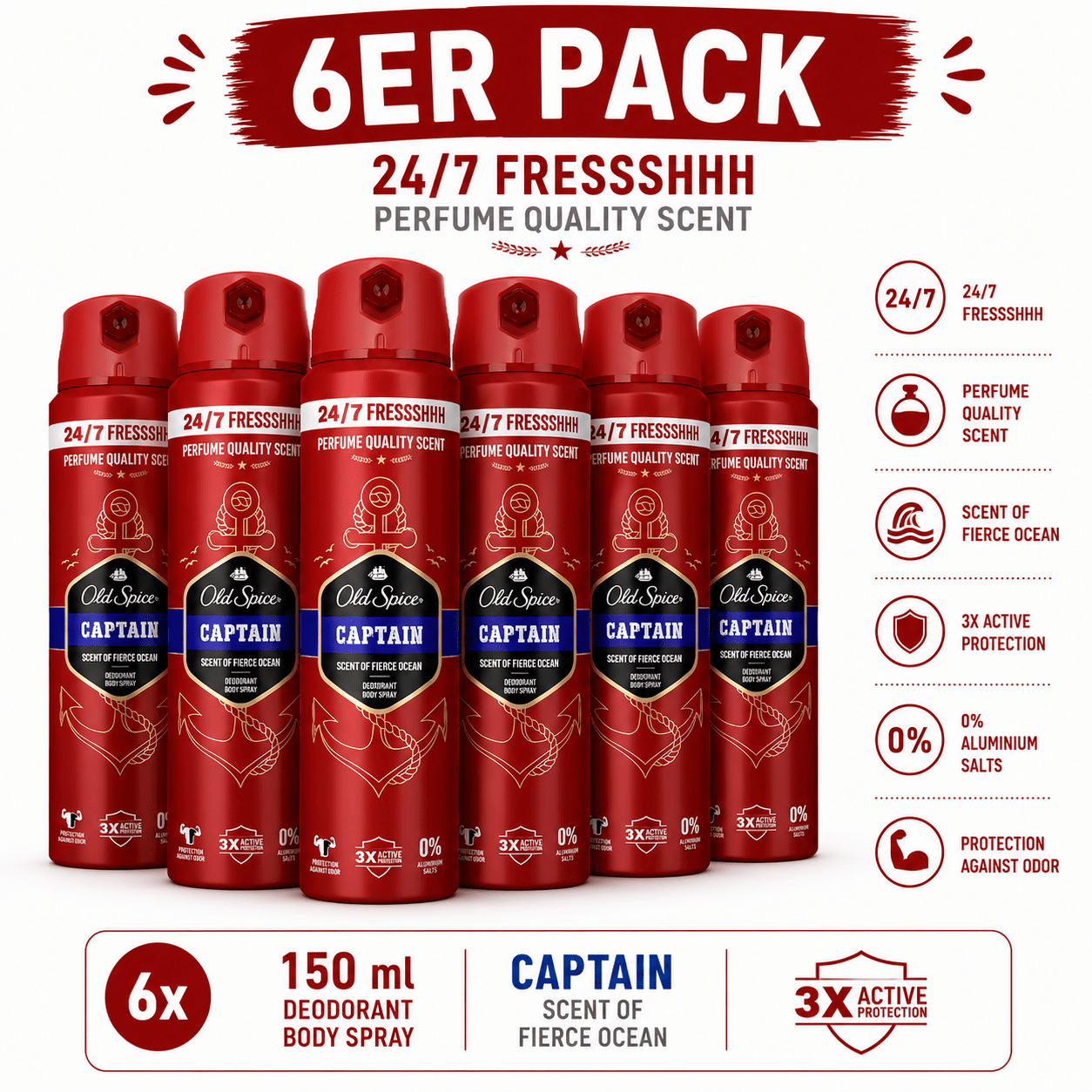 Image of Old Spice Captain Deodorant Body Spray 6-pack (6 X 150 Ml) | Aluminum-free Deo Spray For Men | Men's Deodorant With Long-lasting Fragrance
