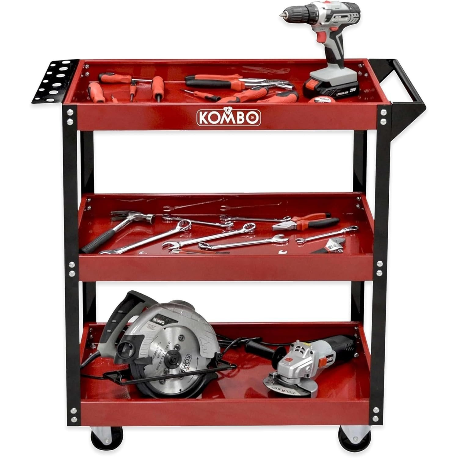 Image of Tool Cart 3-tier Workshop In Painted Steel, 81x35x80/110 Cm, Load Capacity 150 Kg, With Handle, Screwdriver Holder And 3" Wheels – Red/black