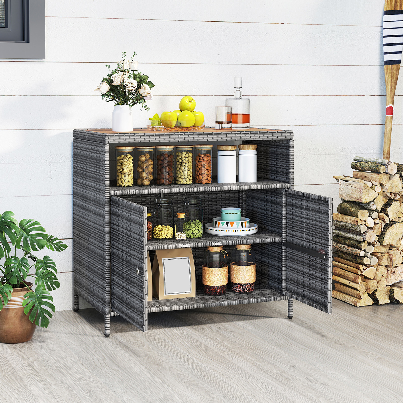 Image of Patio Wicker Storage Cabinet, Outdoor Pe Rattan Buffet Cabinet With Acacia Wood Countertop, Open Shelf & 2-door Cabinet, Sideboard Storage Organizer For Garden, Poolside, Deck