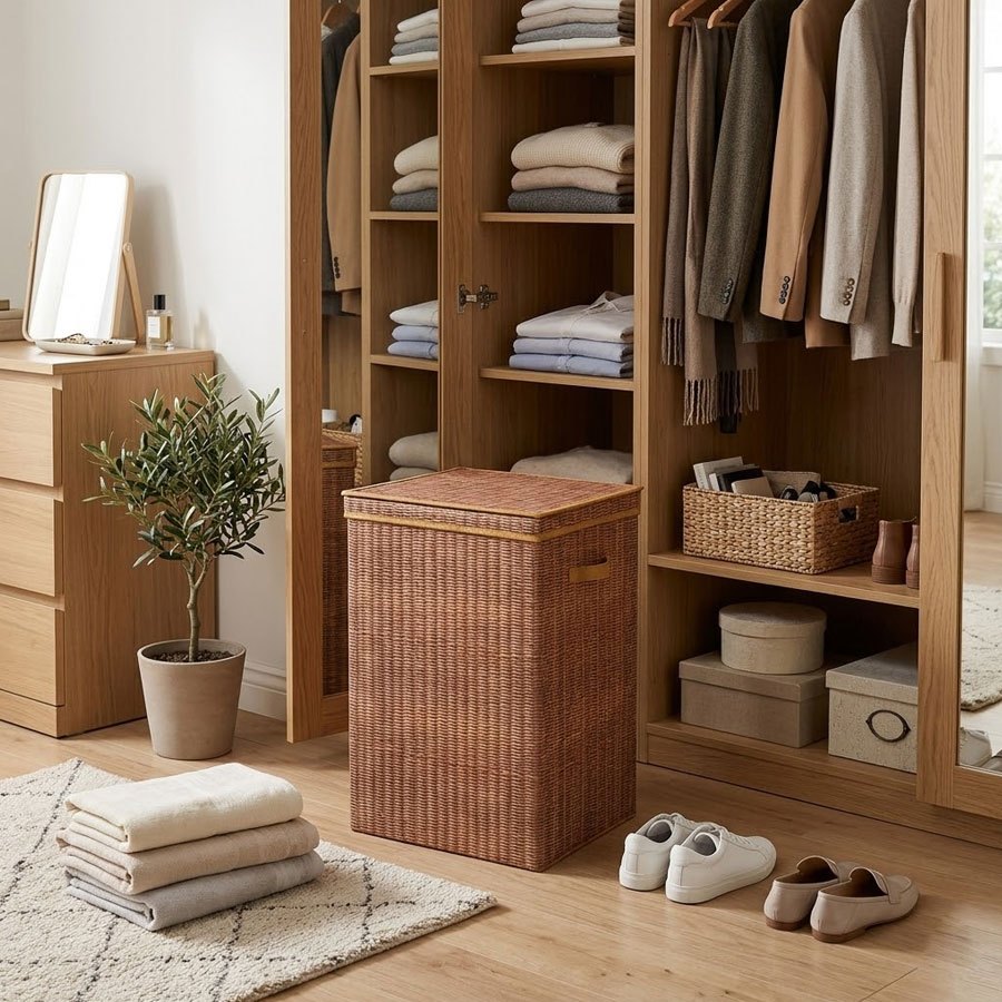 TEMU Cesto de ropa ratán (con asa) – Cesto de ropa para el baño, estilo hotel – Cesto de ropa grande estampado, portátil y plegable