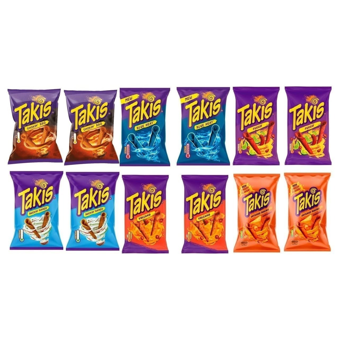 12 Bags Of Takis Mix (6 Varieties, 2 Bags Each) 2 X Blue Heat / 2 X Fuego / 2 X Volcano / 2 X Smokin Bbq / 2 X Bucking Ranch / 2 X Intense Nacho, Each 100g
