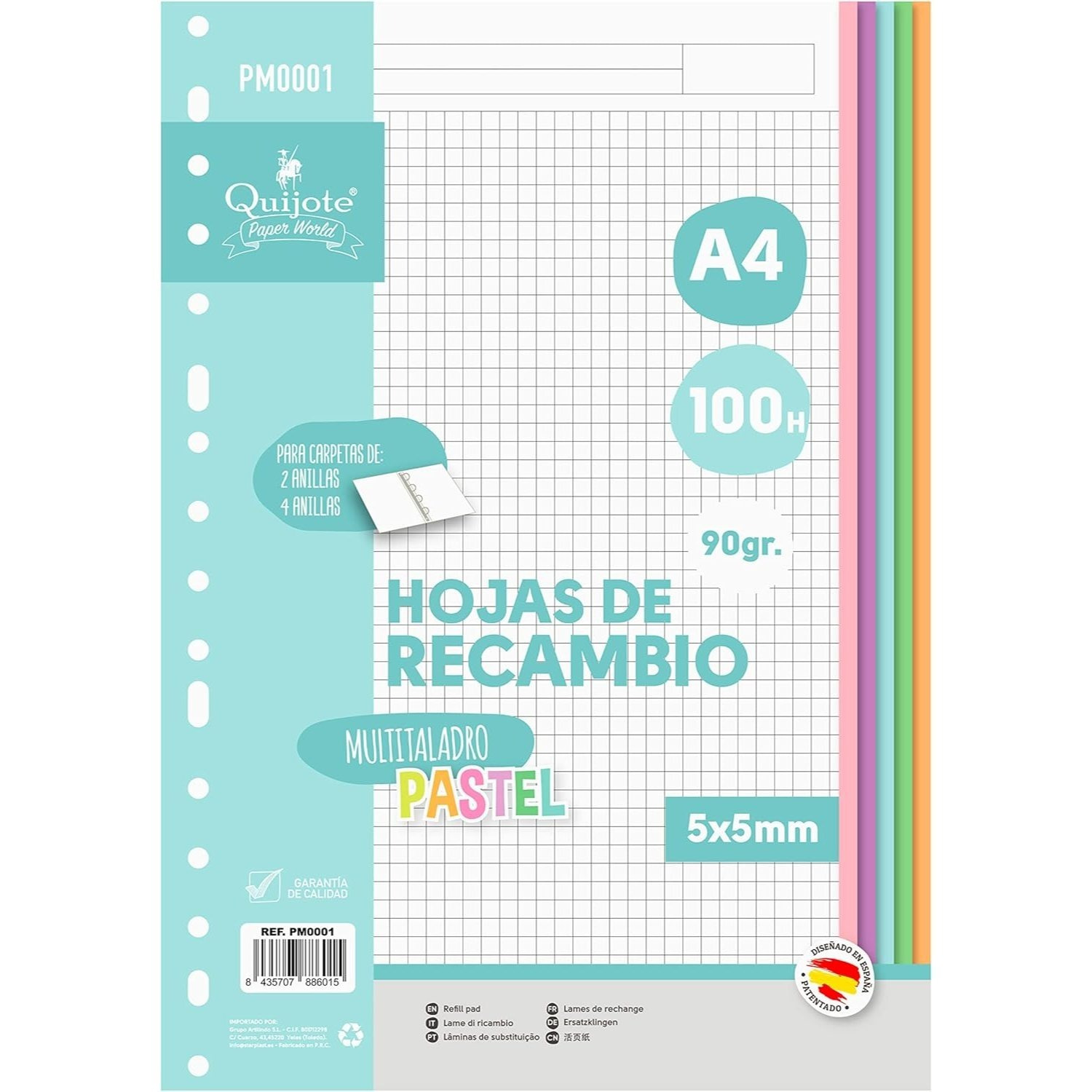 TEMU Recambios Cuadriculados 5x5mm A4 - Multitaladro, 100 Hojas, 90gr/m2, para 2 y 4 anillas, uso Escolar o de Oficina - Pastel
