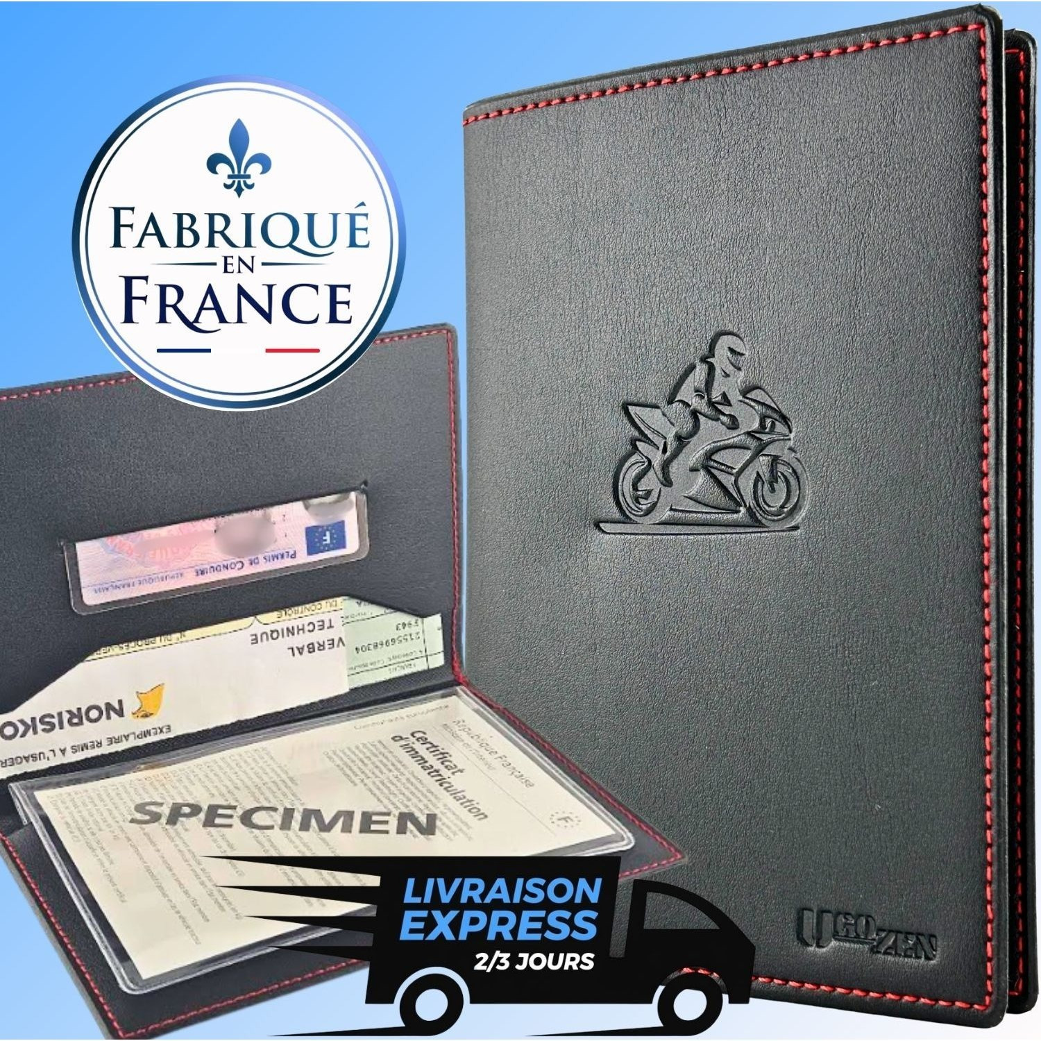 TEMU Pochette carte grise simili cousu rouge Moto LUXEO, étui de carte grise transparent