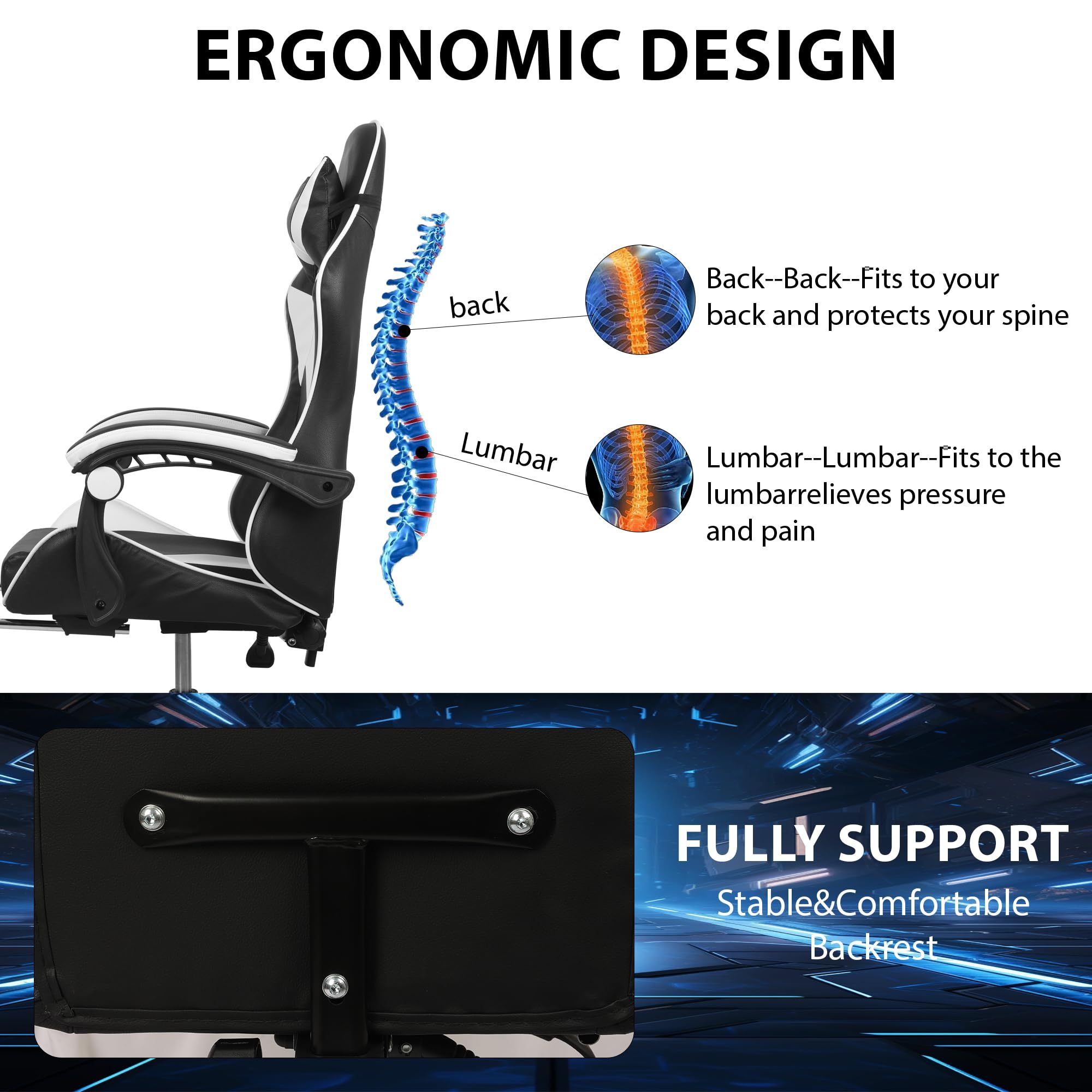 High Back Ergonomic Gaming Chair with Footrest