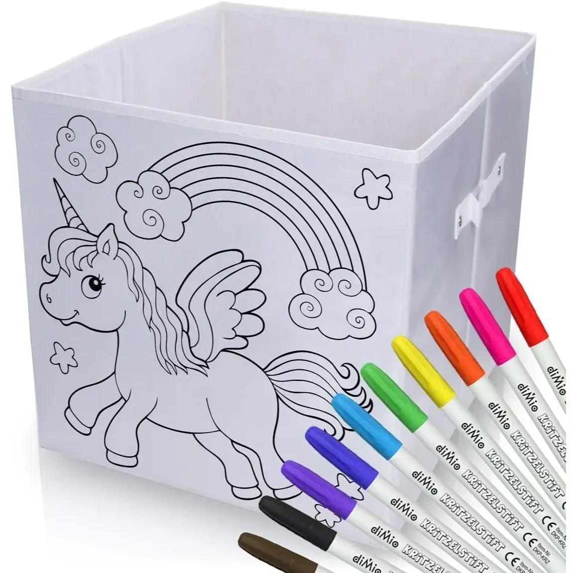 Image of Dimio Unicorn Storage Box 35x35x33cm For Painting, Includes 10 Colored Pencils, Folding Box Basket, Kids' Room Storage