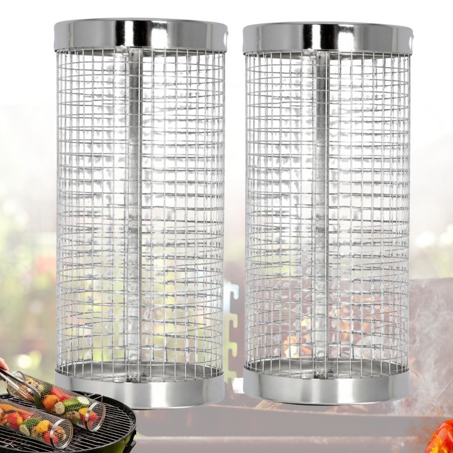 Image of Stainless Steel Round Grill Basket Portable Wire Mesh Cylinder With Handle, Great For Outdoor Camping And Grills, Outdoor Bbq Additions, Portable Bbq Solution, Rustproof Wire Mesh