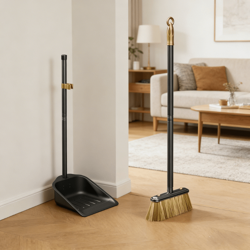 TEMU Broom And Metal Dustpan, 11 Cm Tari Peri, Resistant Metal Handles, Black Color, Floor Cleaning Set For Home, Kitchen, Bathroom And Office,