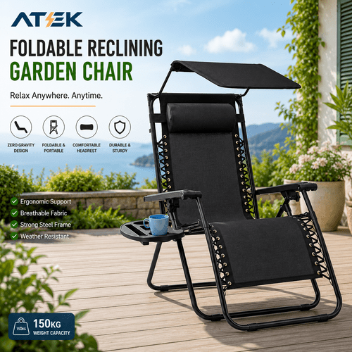 foldable reclining garden chair with headrest zero gravity deck sun lounger seat chair with footrest armrest cup holder canopy shade black