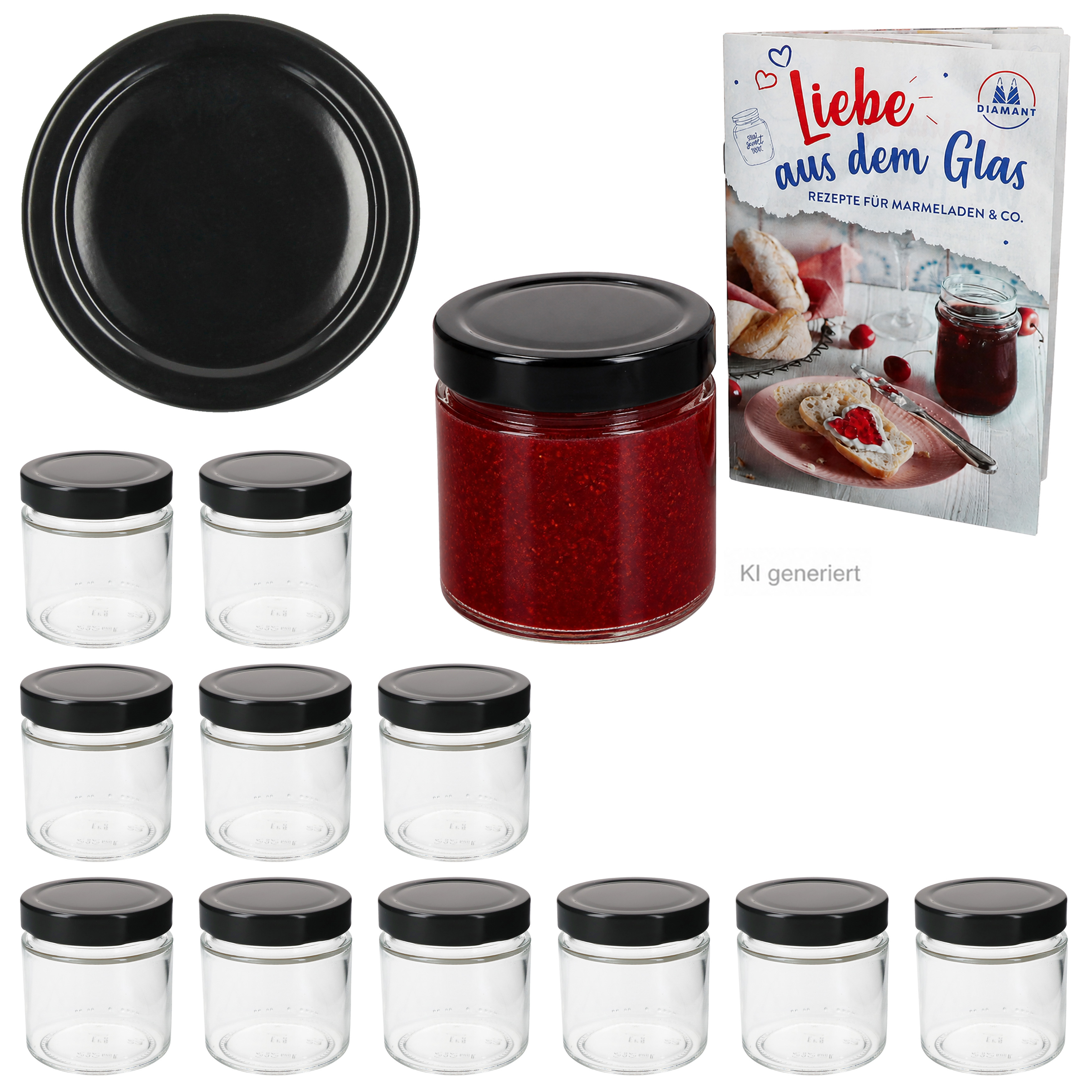 Image of 12pcs Set Of Marmalade Jars 212ml With Deep Lid Black & Hardcover High-rim Glass