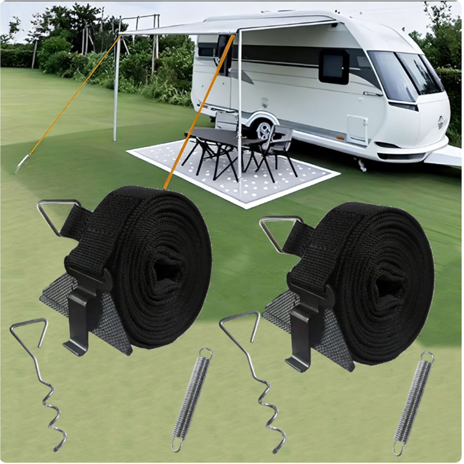 Rv Awning Strap Kit, Adjustable Tie Down Set With Springs And Ground Stakes For , Trailer, Motorhome And Camping Awning Accessories