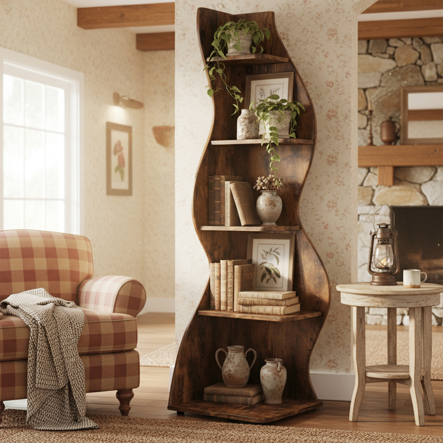 Image of Corner Shelf, Rustic 5-tier Wall Corner Bookshelf, Stylish Corner Small Bookcase Storage Rack Plant Stand With Unique Shape For Living Room, Home Office.
