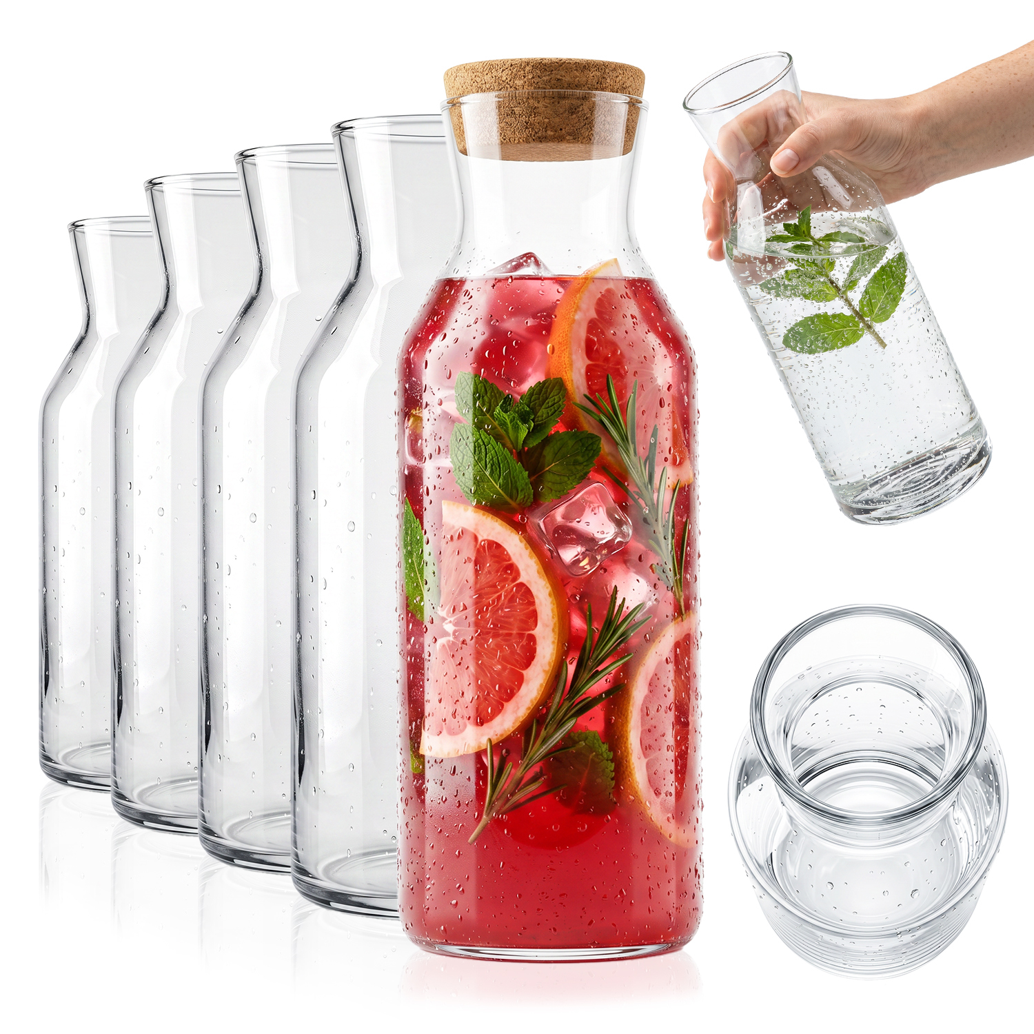 TEMU Set de 5 Pichelots pour Eau, Limonade, Jus et Boissons Maison avec Bouchon en Liège, Emma 1,2 L / 1200 ml, Pichelots Élégants en Verre