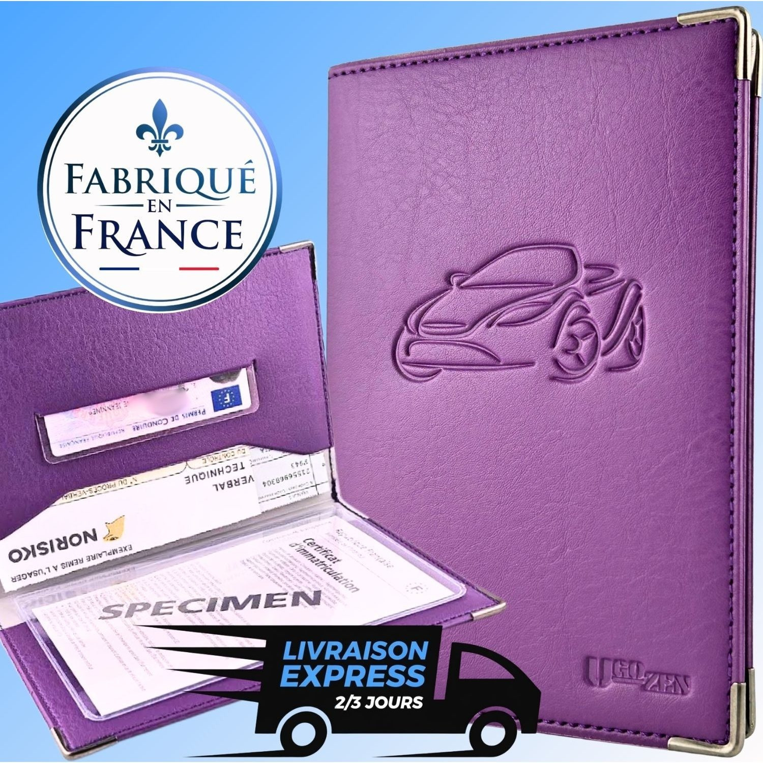 TEMU Pochette carte grise simili cuir, VIOLET, modèle LUXEO, étui de carte grise transparent
