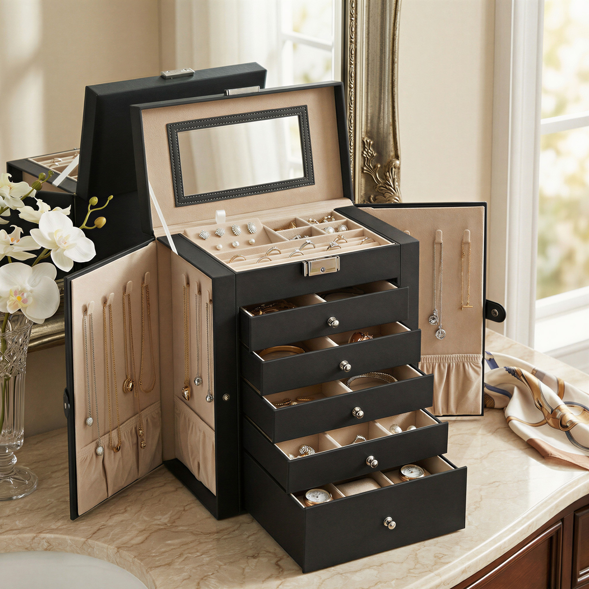 TEMU Boîte à Bijoux 6 Niveaux, avec 5 Tiroirs, Grande de Stockage, avec , Verrouillable, Coffret à Bijoux, Cadeau, Pour Montres, Noir