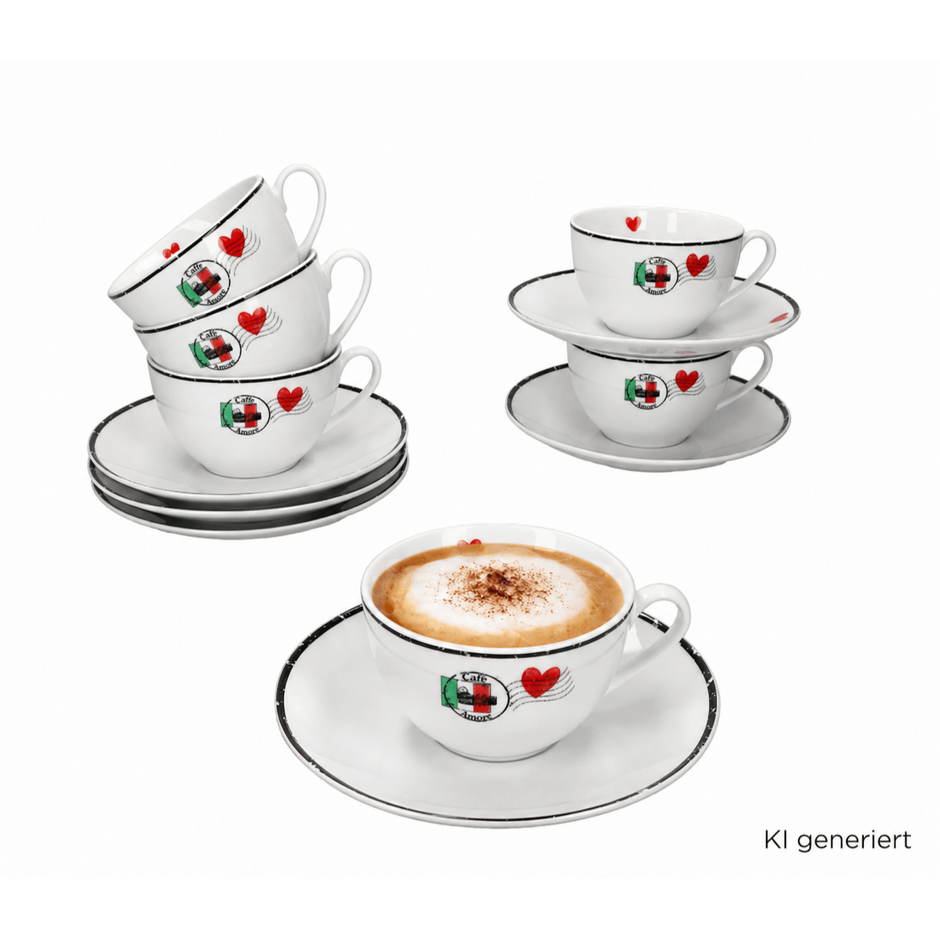 12-piece Set Caffee Amore Cappuccino Cups & Saucers 200ml Cafe Heart