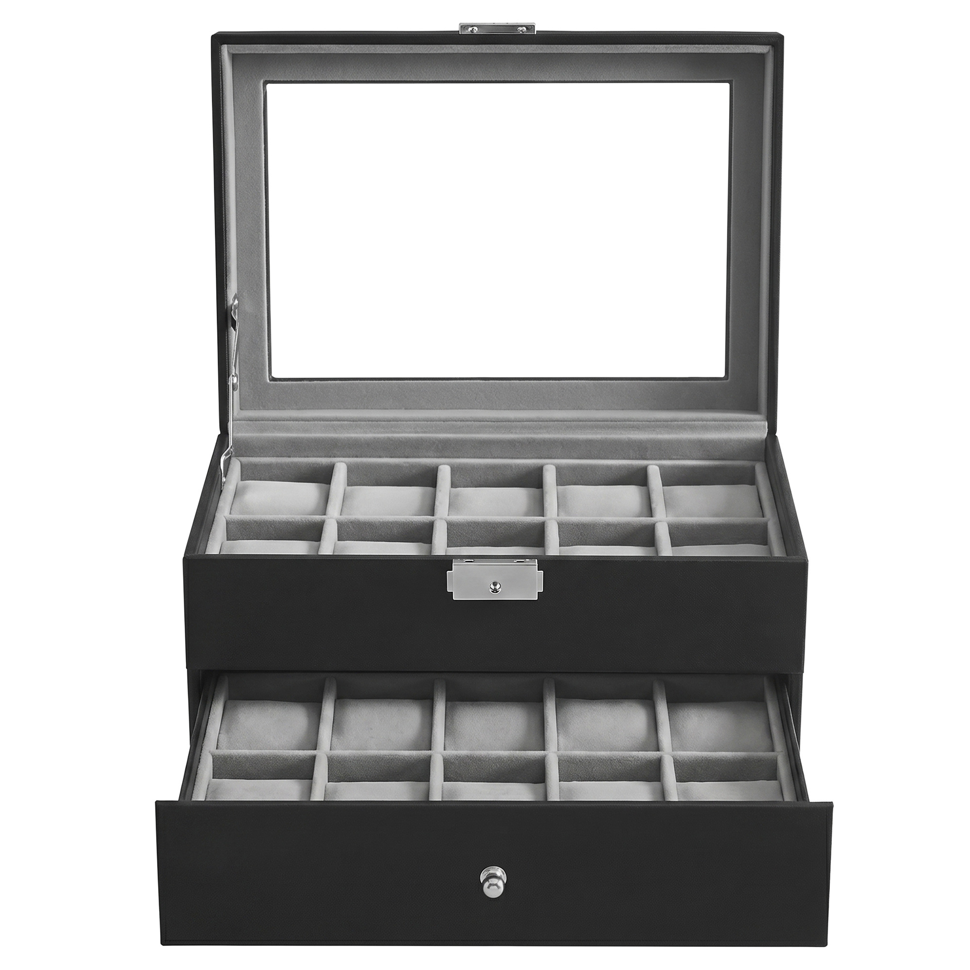 TEMU para Relojes de Dos Niveles con de Vidrio, Cojines Extraíbles, Idea de Regalo para Hombres, PU, Negro
