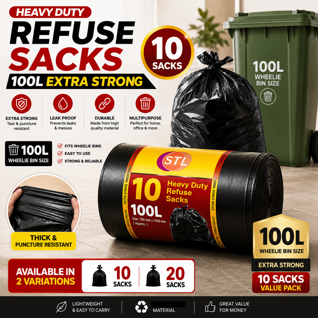 extra strong heavy duty black bin liners rubbish bags waste   garbage sacks details 4
