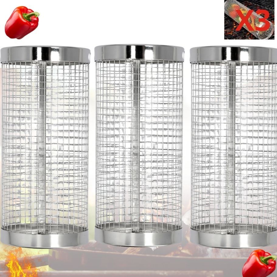 Stainless Steel Round Grill Basket Portable Wire Mesh Cylinder With Handle, Great For Outdoor Camping And Grills, Outdoor Bbq Additions, Portable Bbq Solution, Rustproof Wire Mesh