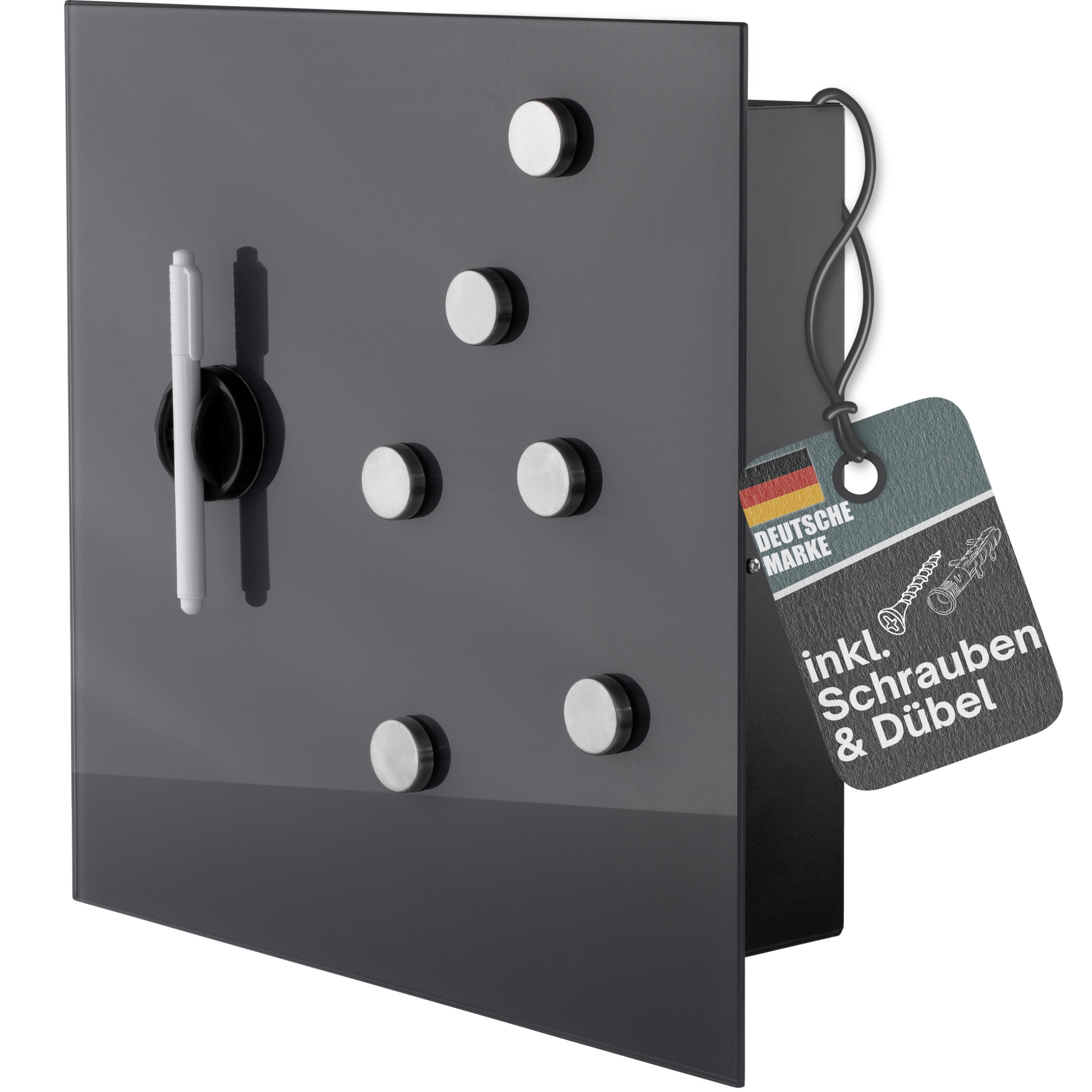 Image of Cabinet With Glass Magnetic Board 33x33x6.8cm - Magnetic Memo Board With 6 Magnets And Pen - Large Key Cabinet With 20 Hooks - Ideal For Hallway And Office / Study Room