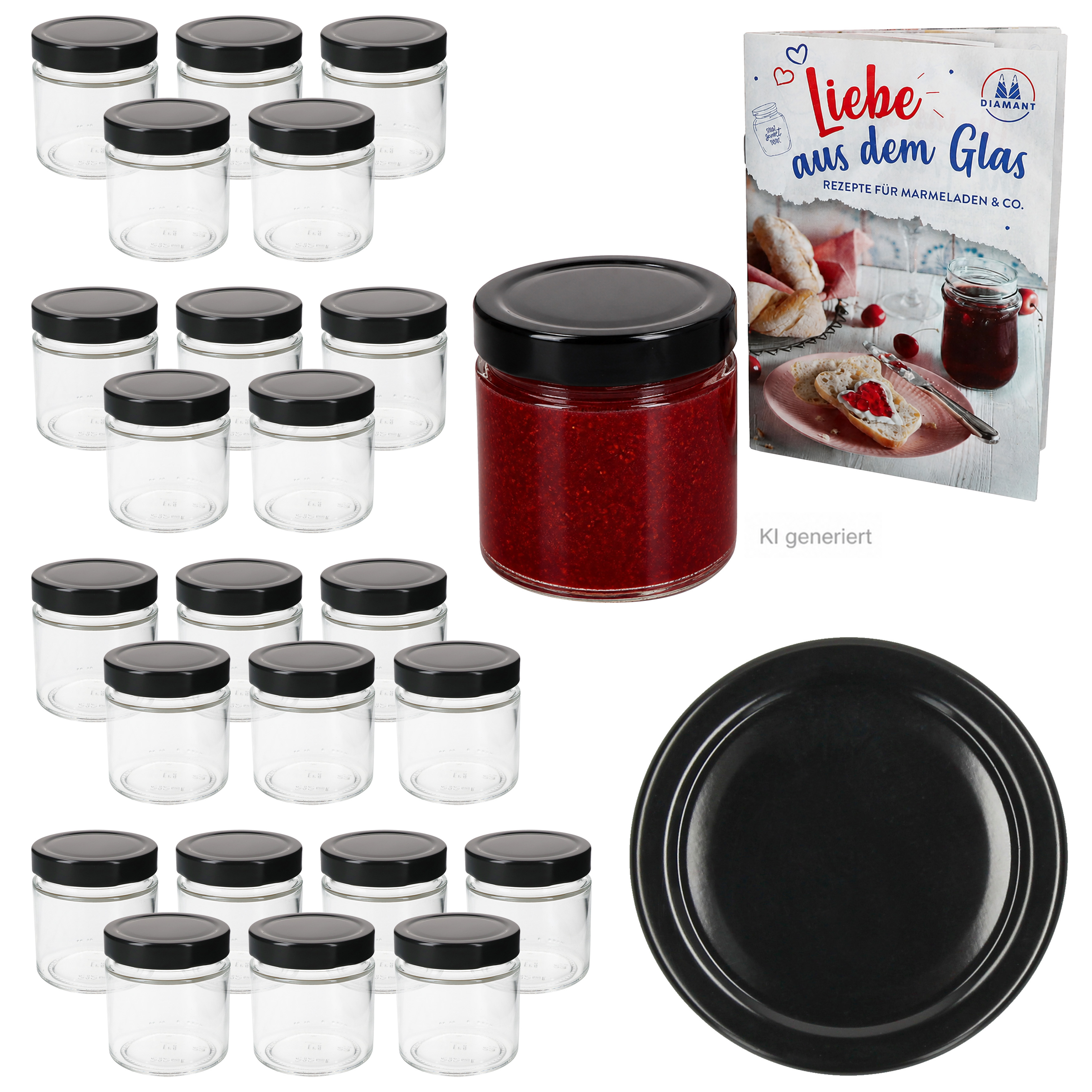 24-piece Set Jam Jars 212ml With Deep Lid Black & Clip High Rim Glass