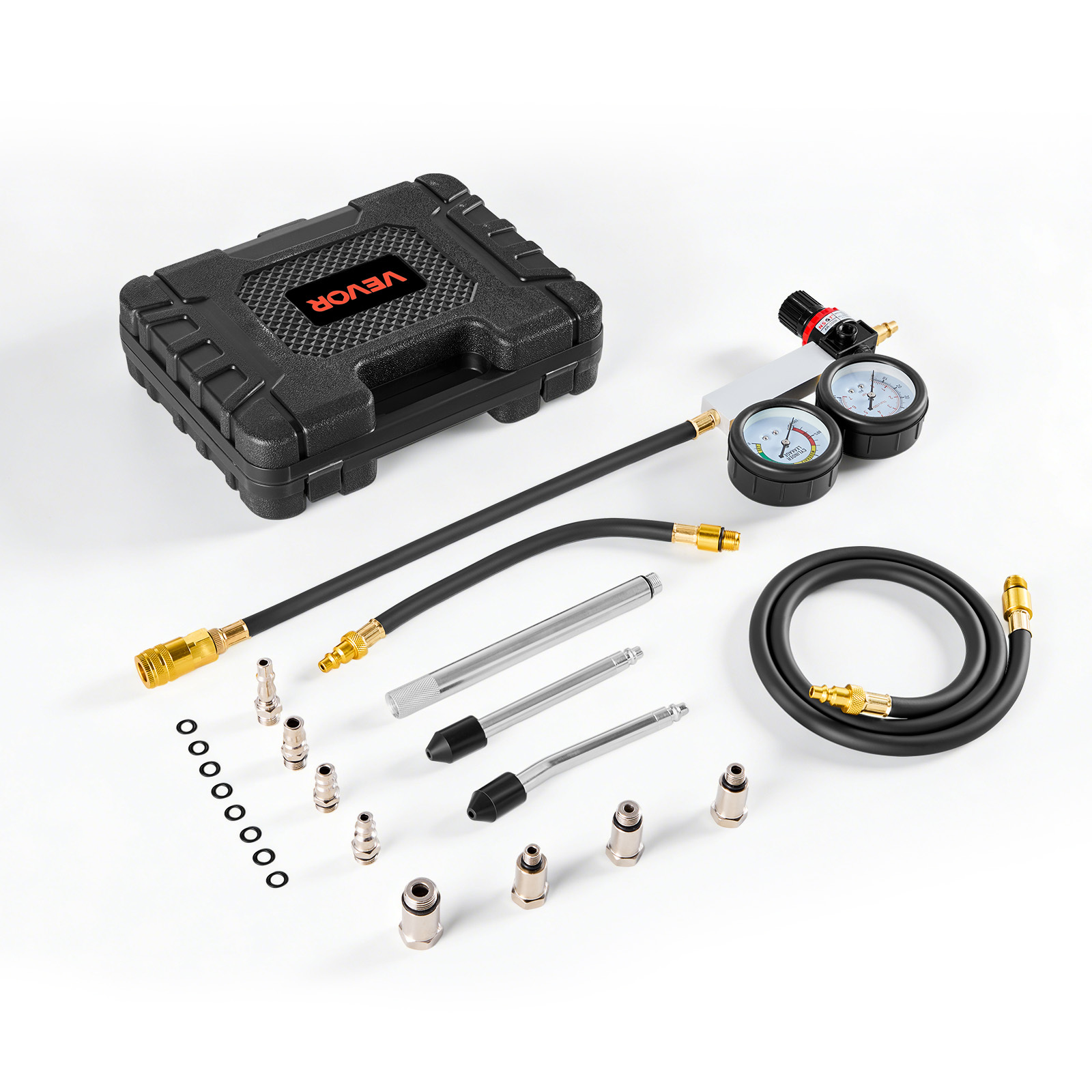 Image of Vevor Engine Cylinder Compression Tester Kit, Pressure Gauge Range Of 0-100 Psi, Automotive Leak Down Tester Kit With 4 Adapters, 2 Metal Tubes, Pressure Check & Leakage Rate Test On Cars, Motorcycles