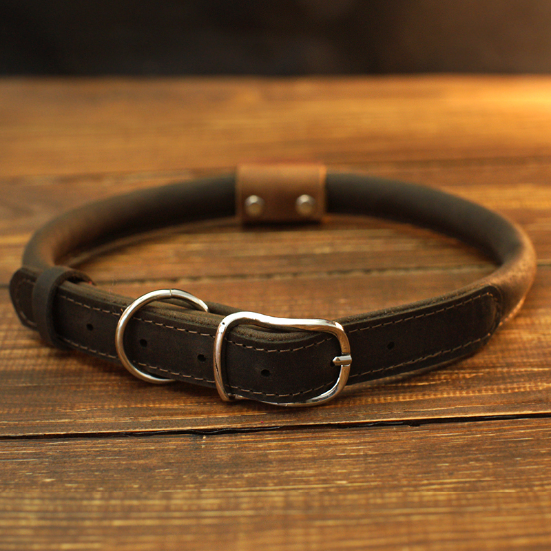 Personalized Rolled Leather Dog Collar With Custom Engraved Name Id Bead - Soft No-matting Round Pet Collar - Heavy Duty - 5 Adjustable Sizes For Small, Medium & Large Dogs