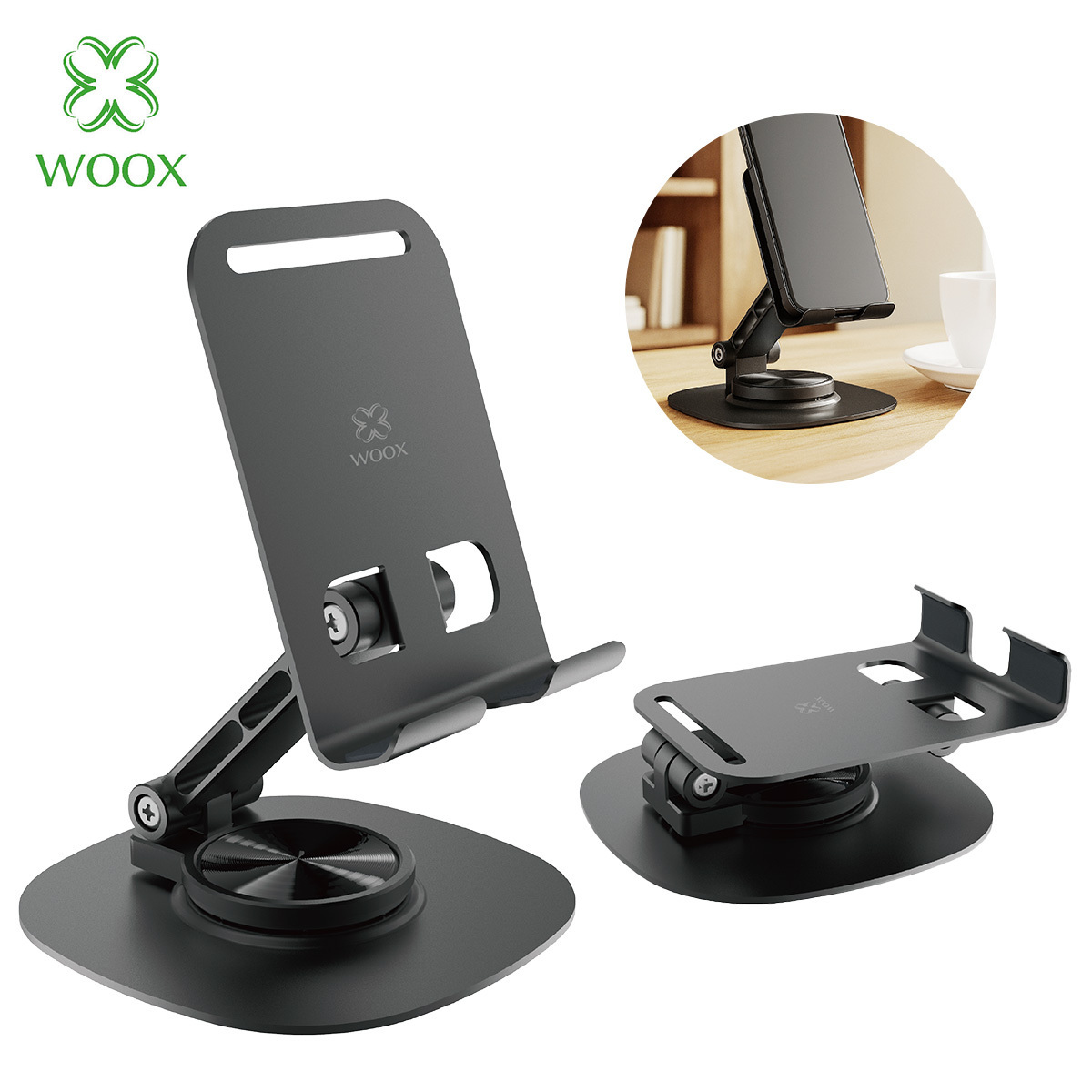 TEMU WOOX Soporte de Escritorio para Teléfono y Tablet - Soporte Metálico Ajustable 360°, Altura Regulable, Base Antideslizante, Plegable, para