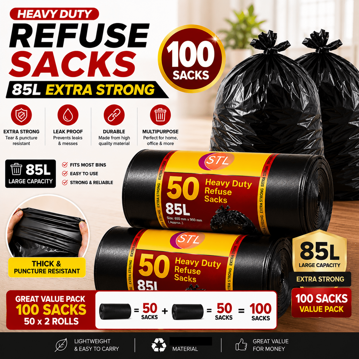 extra strong heavy duty black bin liners rubbish bags waste   garbage sacks details 11