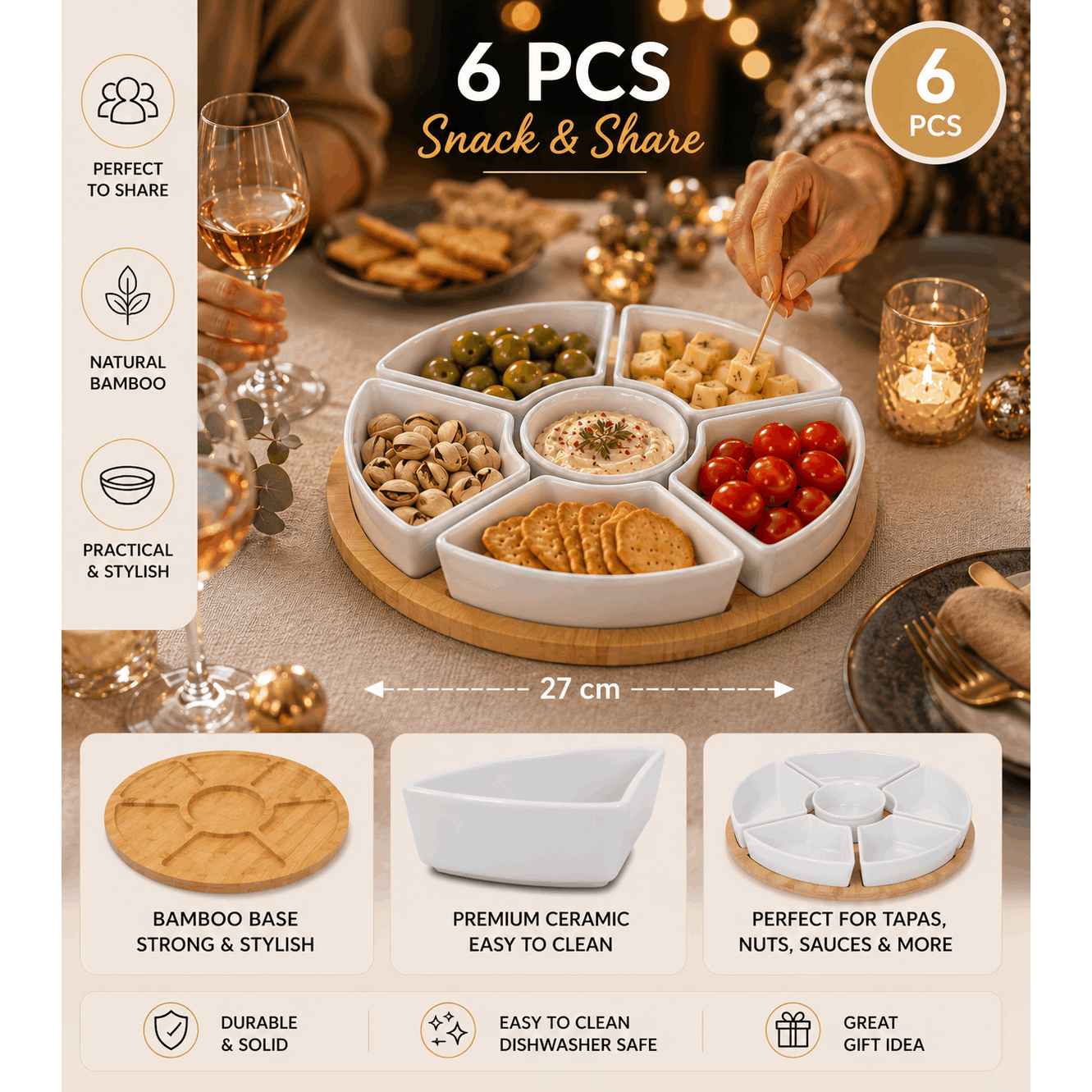 Round Appetizer Set 27cm 6pcs In Bamboo And Ceramic - Compartmentalized Service Platter - Bowl Design - Snack And Tapas Platter