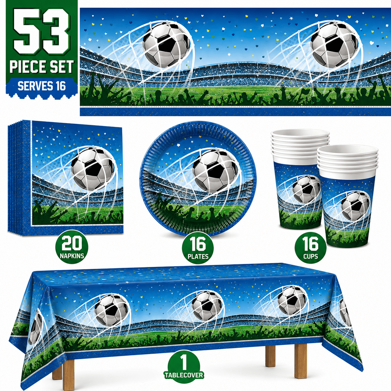 TEMU Football Party Tableware Set For 16 Guests – 53pcs Set With Plates, Cups, Napkins & Tablecover – Soccer Birthday Party Decorations Kit