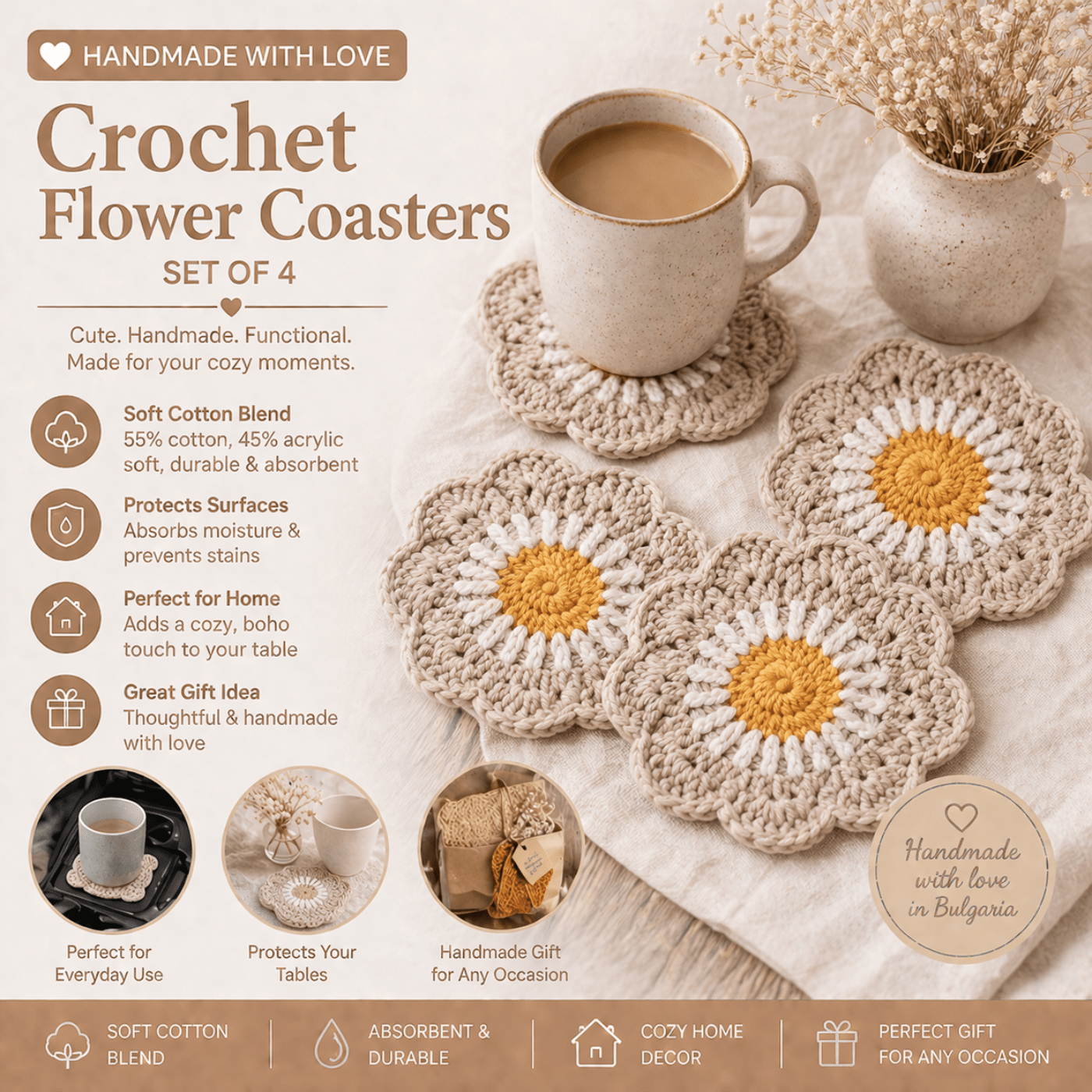 Handmade Flower Coasters (set Of 4) – Soft Cotton Blend, Boho Floral Cup Mats, Heat Resistant Table Decor, Cute Gift Idea