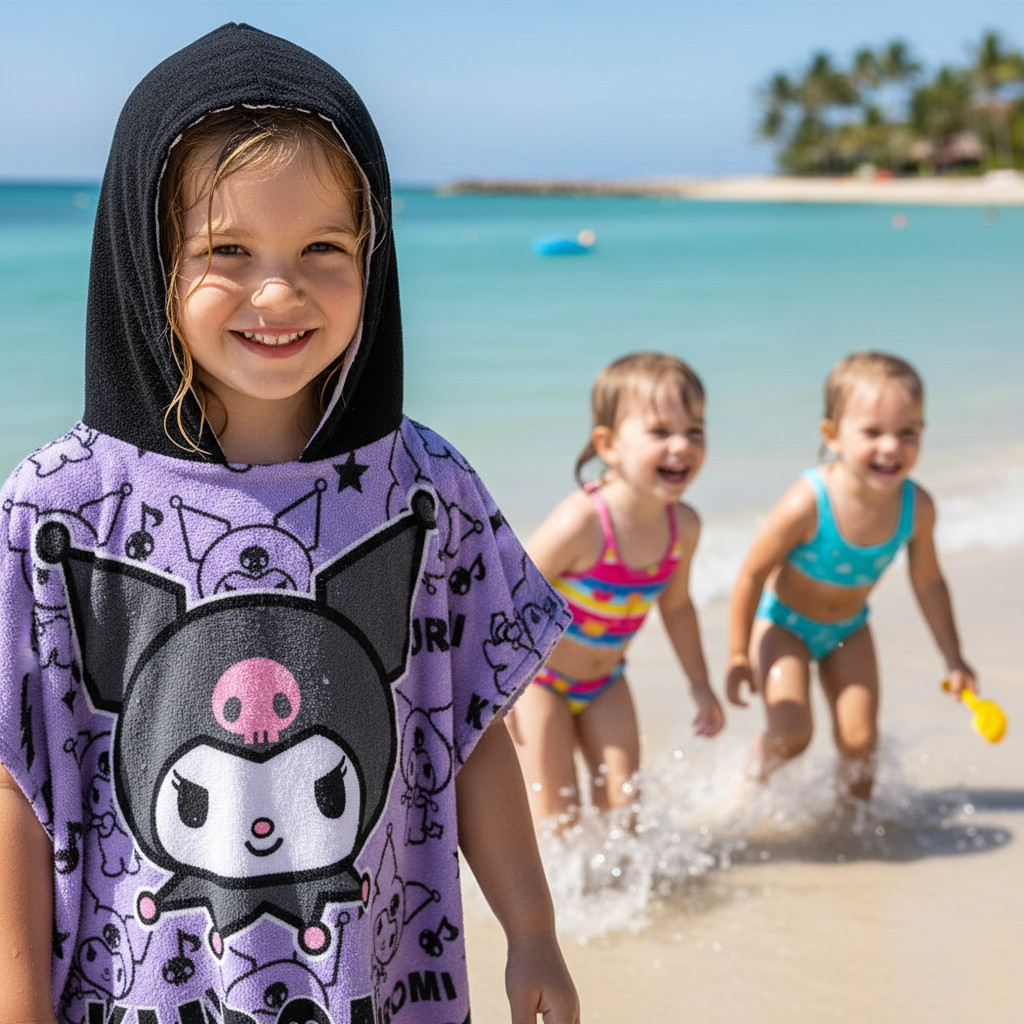Image of Kuromi - Hooded Poncho Beach Towel For Sea And Pool, Microfiber Bathrobe, 55x90 Cm, Quick-drying