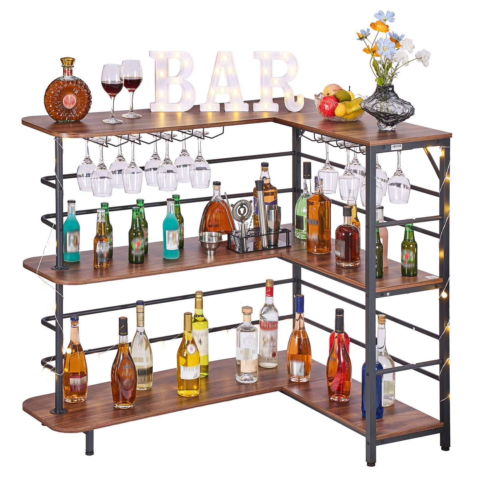 Image of Vevor Home Bar Unit, L-shaped Wine Bar Cabinet -tier With Storage Shelves, Adjustable Foot Pads, Led Light, Walnut Finish & Metal Frame Liquor Cabinet For Home, Kitchen,living Room,pub,basement